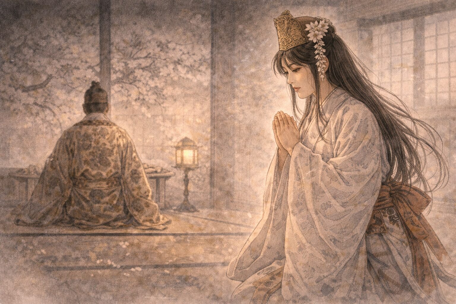 母の病を思って暇乞いを願う熊野御前が、花見の華やかさとは別の切実さを抱えていることを表した情景