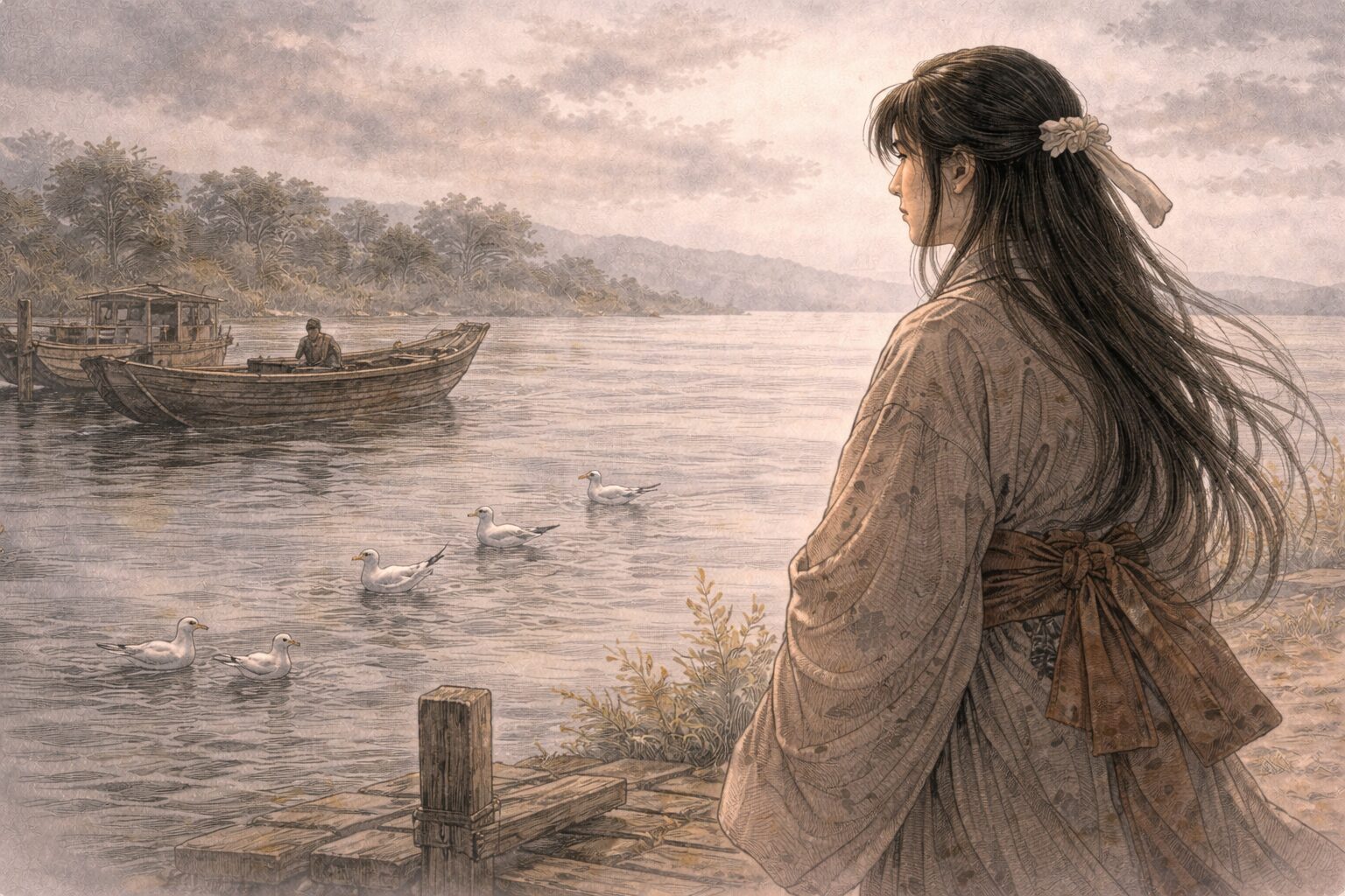 渡し場で都鳥に心を寄せた母の旅が、雅な東下りではなく帰れない者の悲しみへ変わる隅田川前半の情景