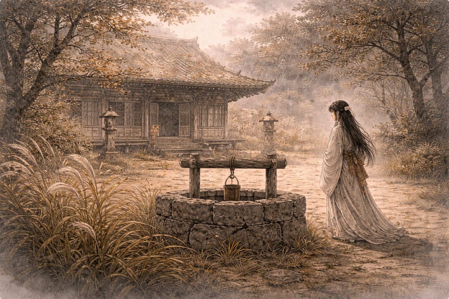 在原寺の古寺と井戸の静かな景色の中で、華やかな王朝の恋が失われた記憶として追想へ変わっていく井筒前半の情景