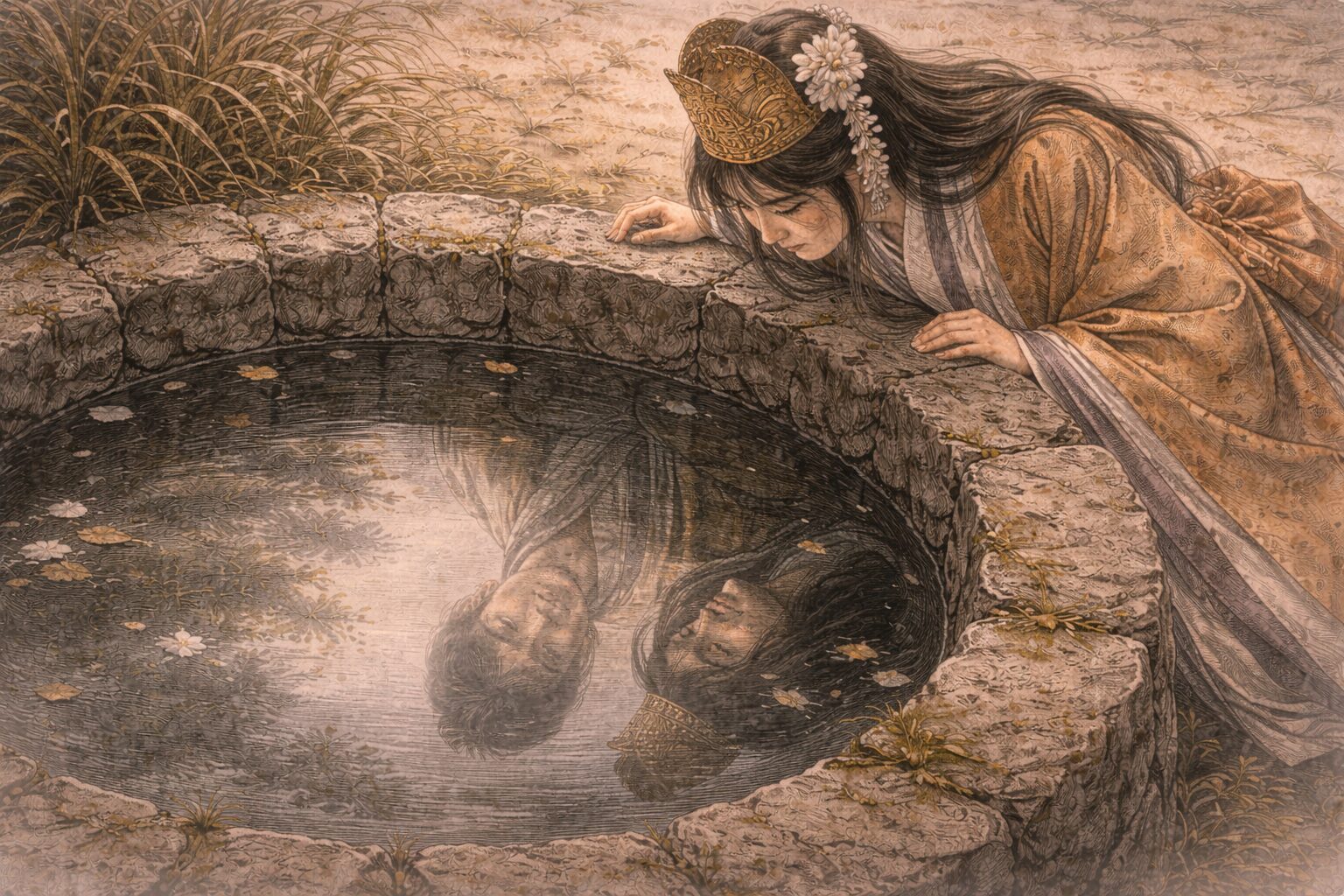 業平の形見の衣をまとった女が井戸をのぞき、自分の姿と亡き夫の面影が水鏡の中で重なる井筒後半の核心を表した情景