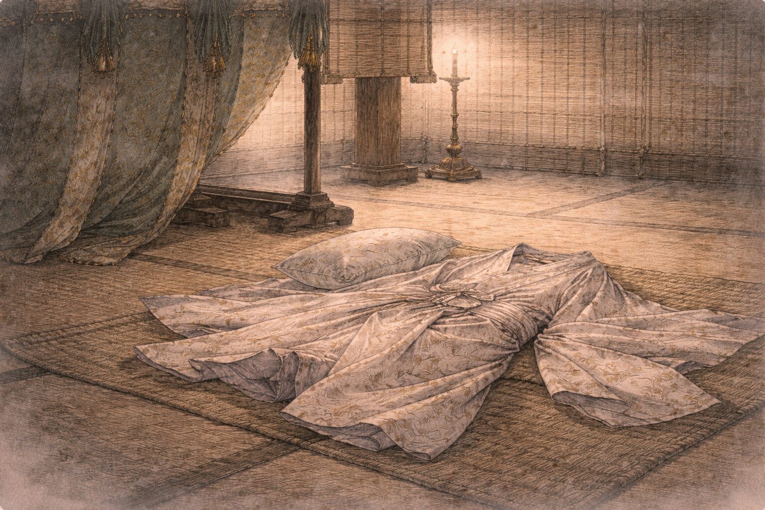 葵上本人の姿はなく、小袖だけで病床を示すことで見えない苦しみを観客に想像させる能「葵上」前半の演出を表した情景