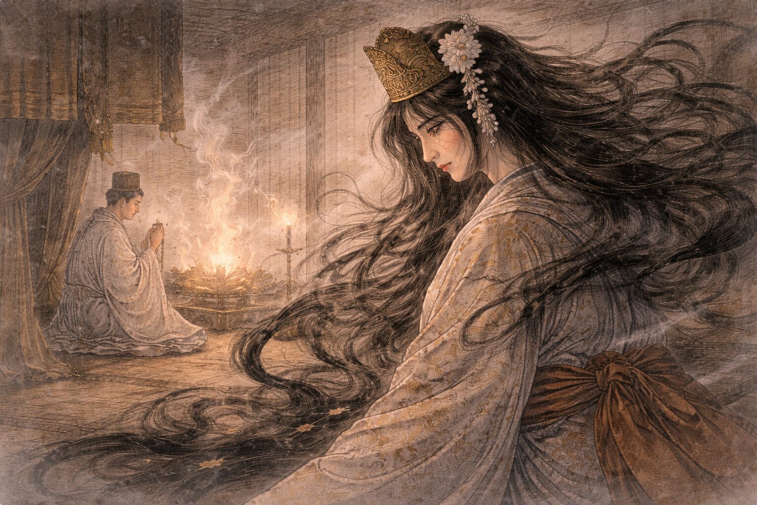 車争いの屈辱から生まれた六条御息所の執念が鬼女の気配へ変わり、最後は祈祷によって押し返されていく能「葵上」後半の対決を表した情景