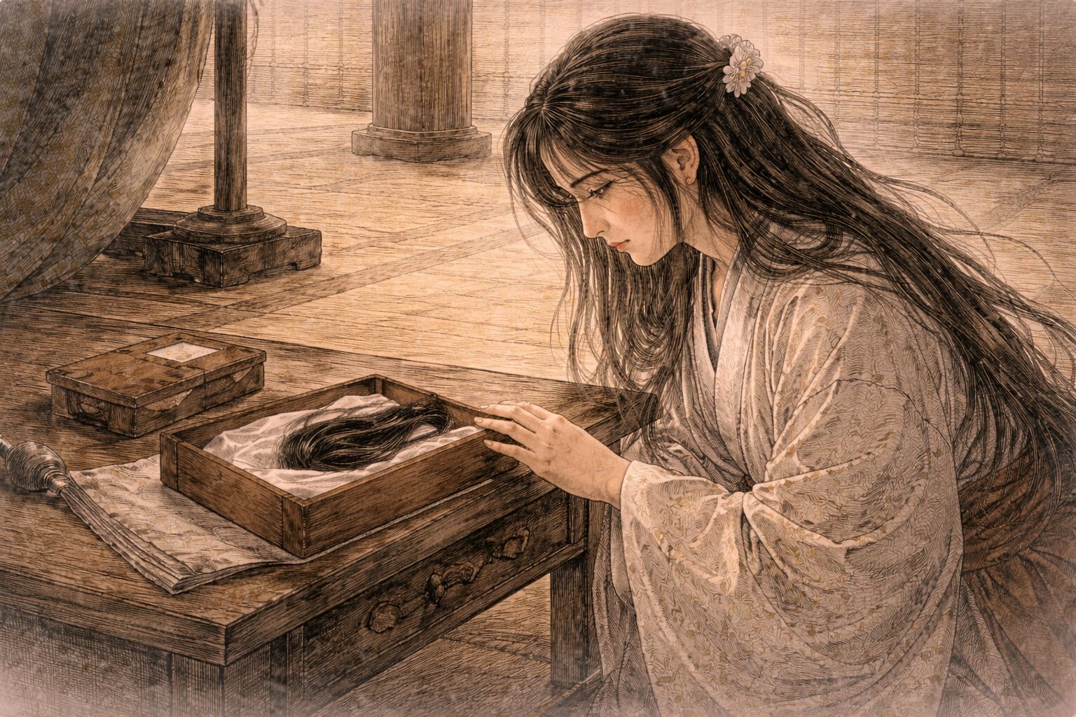 都に届けられた清経の遺髪を前に、妻の悲しみがそのまま恨みへ変わる能「清経」前半の痛みを表した情景