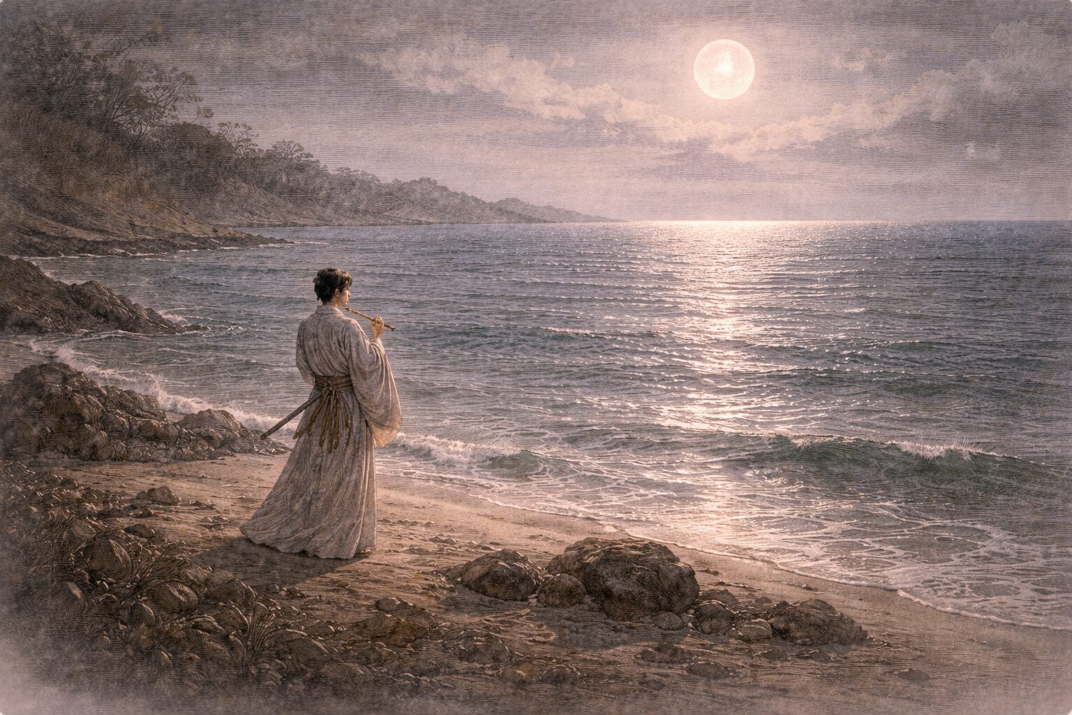 月夜の海で笛を吹いて入水した清経の面影と、最後に念仏によって修羅の苦しみが静まっていく救いを表した情景