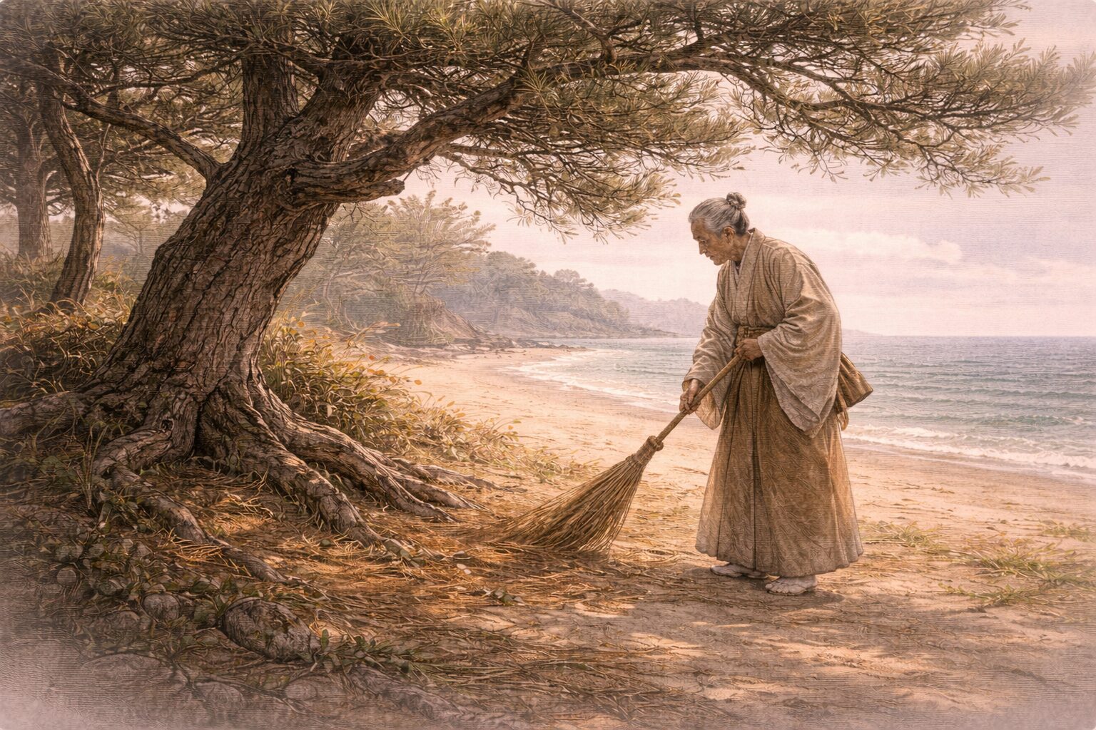 高砂の浦で老夫婦が松を掃き清めることで、日常の所作そのものが祝福の準備になる高砂前半の静かな場面を表した情景