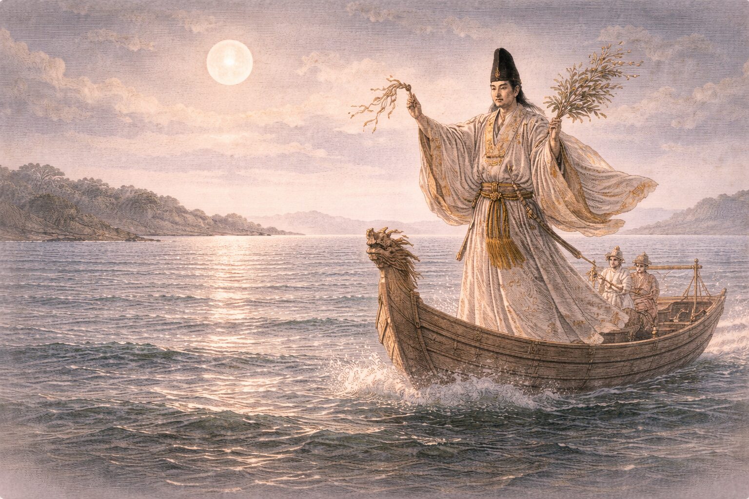 住吉明神が舟出と月の景をともなって現れ、夫婦和合の祝意を天下泰平へ広げていく高砂後場の晴れやかな場面を表した情景