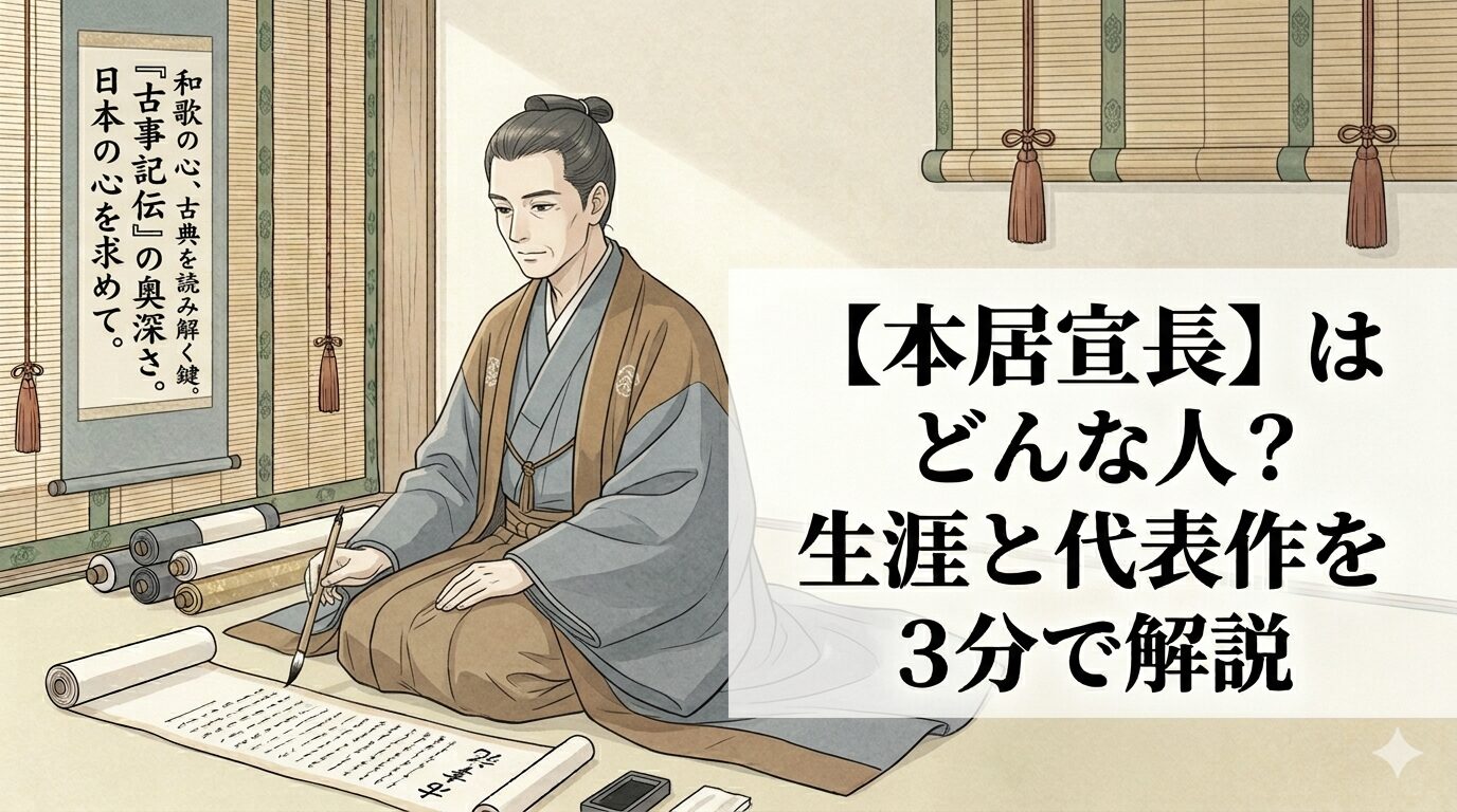 本居宣長の古典研究に通じる、古事記と源氏物語を読み解きながら人の心の動きともののあはれを見つめる国学者のイメージ。