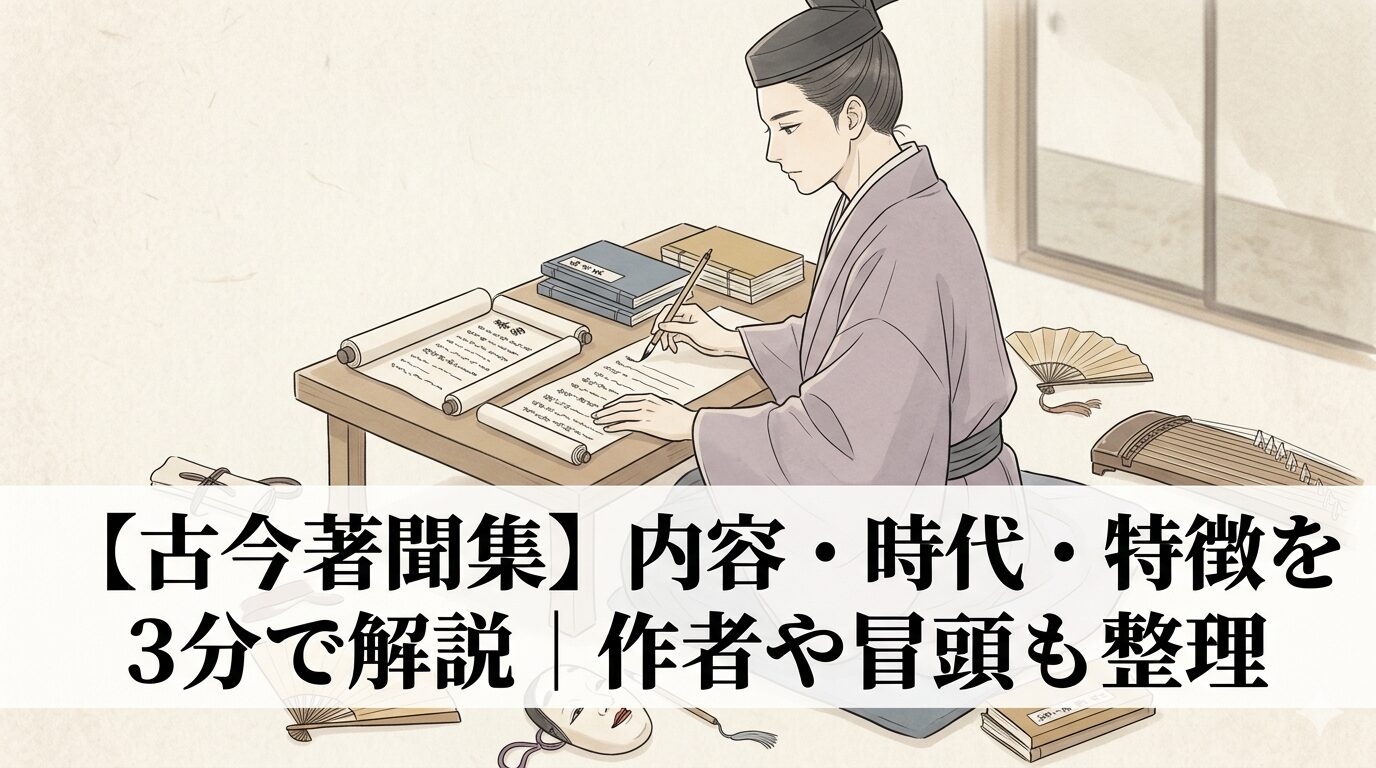 『古今著聞集』の、和歌から怪異まで人間の面白さを集めた説話世界を表した情景