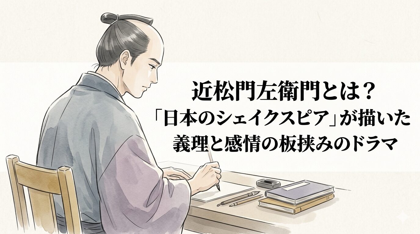 近松門左衛門の、義理と感情の板挟みで崩れる人間を描く劇作家像を表した情景