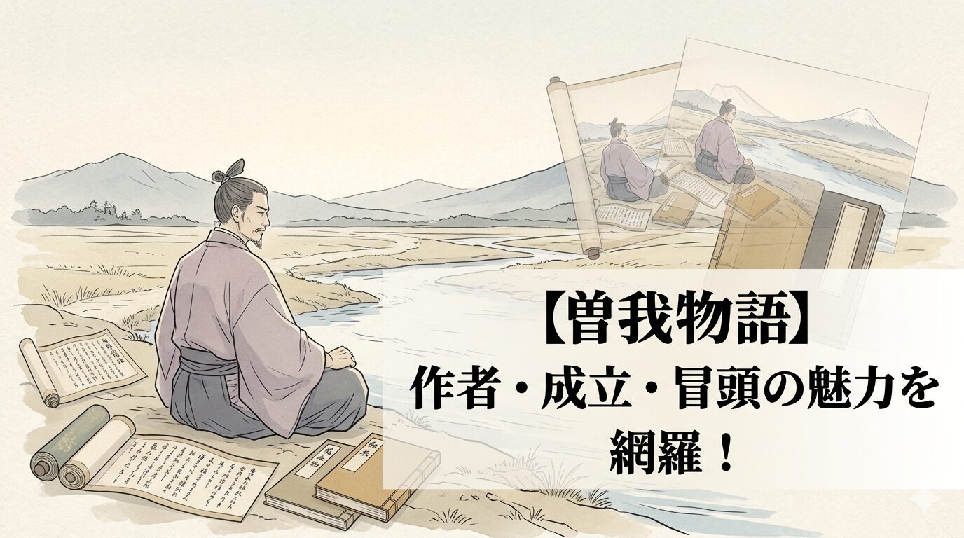 曽我物語に通じる、曽我兄弟の仇討ちへ向かう宿願と虎御前との別れが重なり、達成と哀切が同時ににじむ軍記物語のイメージ。
