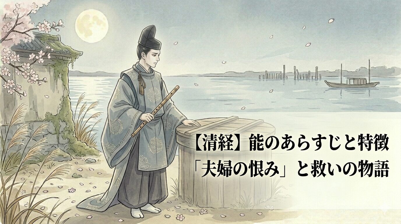 遺された妻の恨みと、月夜に海へ身を投げた清経の苦悩が、最後には念仏による救いへ向かう能「清経」の世界を表した上質な和風イラスト