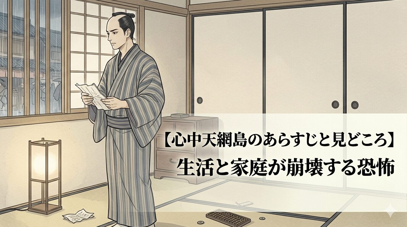 心中天網島が、恋の美しさではなく家族と商売と世間の重さによって生活が崩れていく悲劇であることを表した上質な和風イラスト