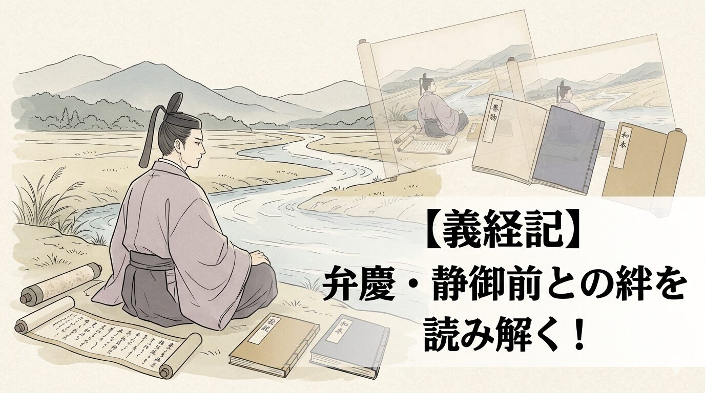 義経記に通じる、弁慶や静御前との絆の中で、勝者ではない義経が悲劇の英雄として愛されていく物語世界を表したイメージ。