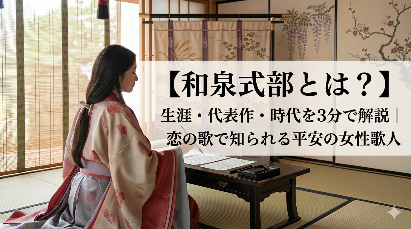 和泉式部の代表歌に通じる、会えない時間の苦しさや恋で揺れる心を上品な言葉と宮廷の気配で表した平安時代の女流歌人のイメージ。