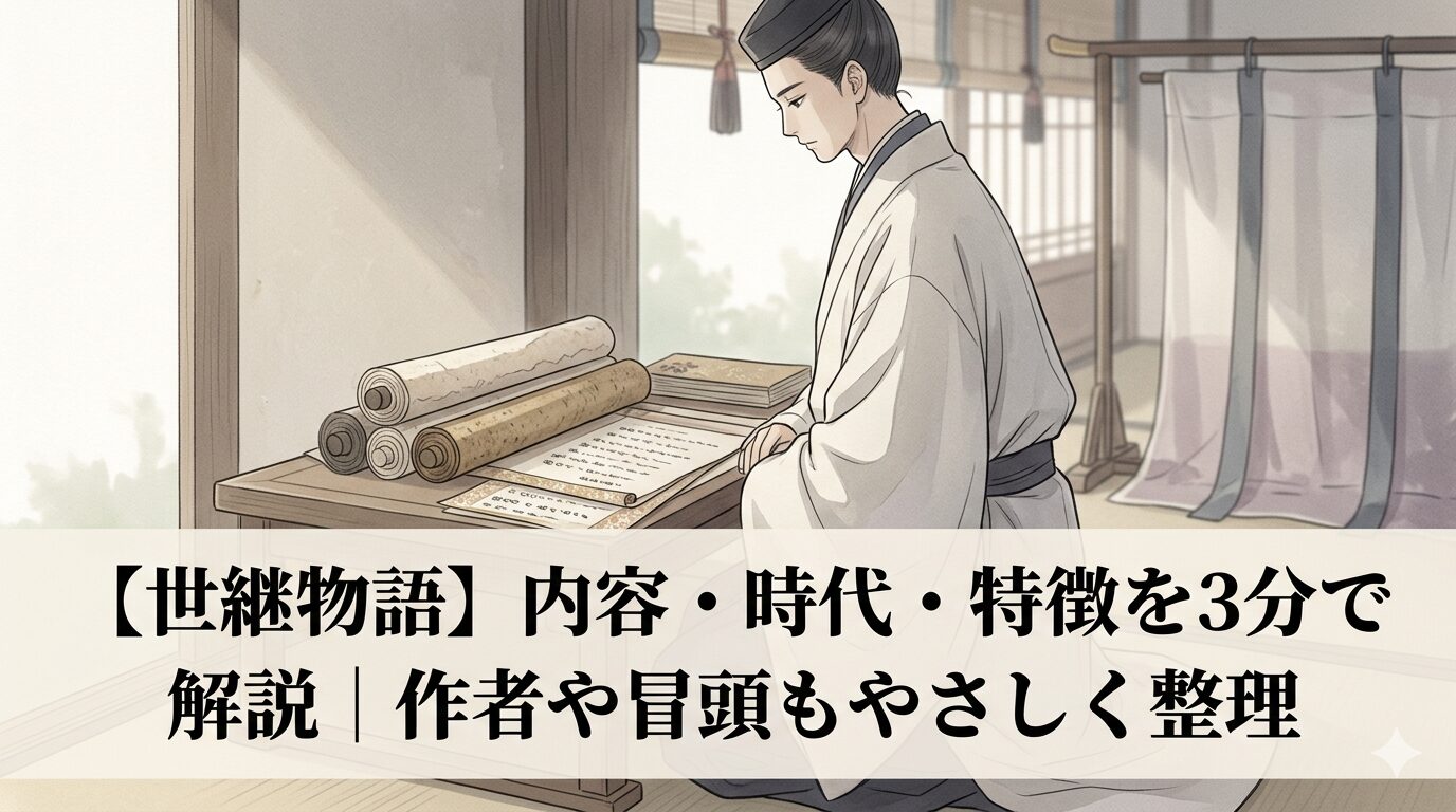 『世継物語』の、王朝の栄華と人々の盛衰を回想的に語る歴史物語の世界を表した情景