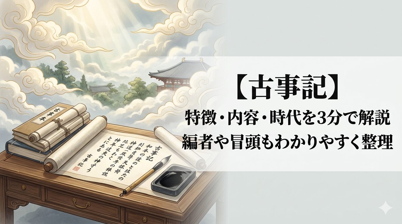 古事記の世界観に通じる、天地の始まりから神話と天皇の系譜が一つにつながる日本の始まりの物語を表したイメージ。