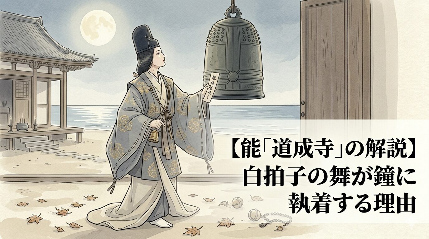 華やかな白拍子の舞が、やがて鐘への激しい執着へ変わっていく能「道成寺」の不穏な美しさを表した上質な和風イラスト