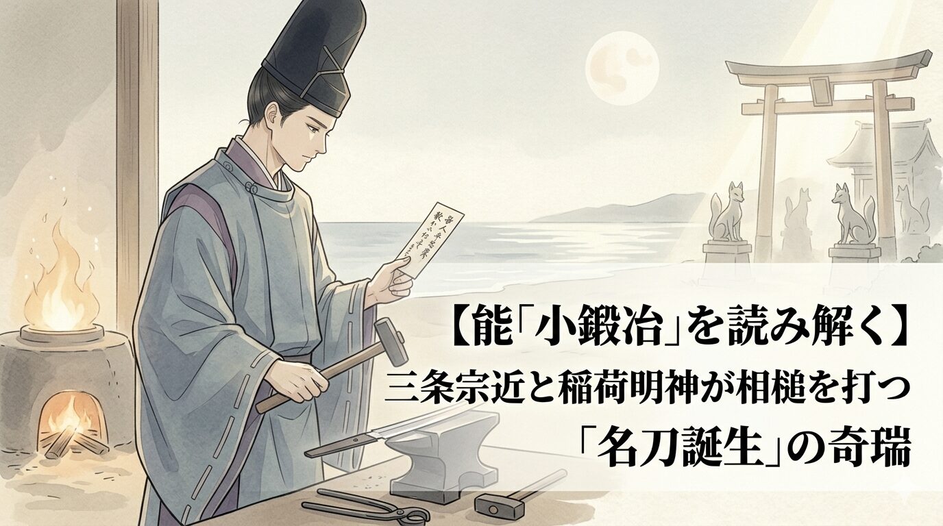 三条宗近が稲荷明神の加護を受けて小狐丸を打ち上げる、小鍛冶の祝言性と名刀誕生の奇瑞を表した上質な和風イラスト