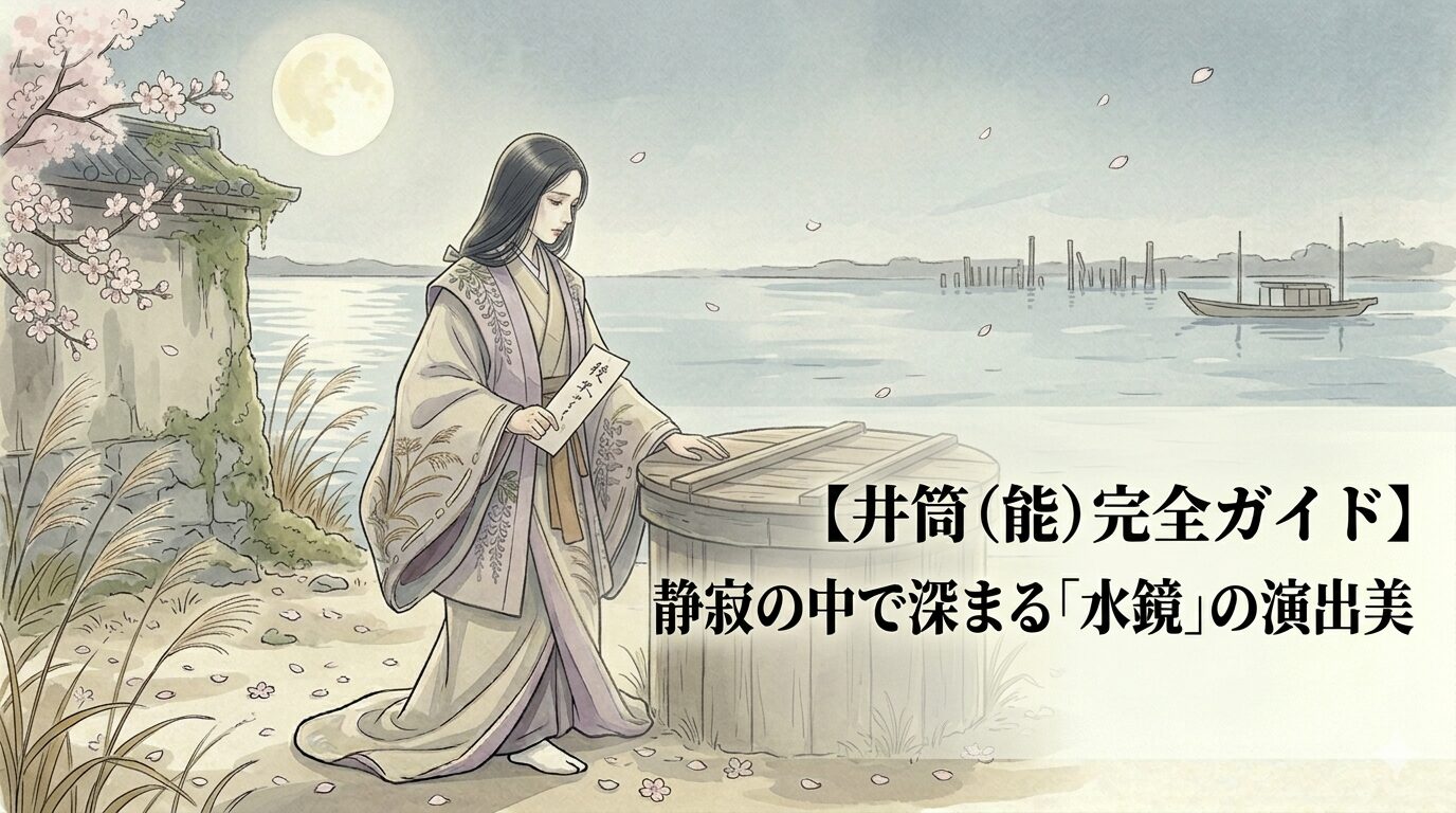 在原寺の静かな井戸の前で、業平を思い続ける女の追想が水鏡に深まっていく能「井筒」の演出美を表した上質な和風イラスト