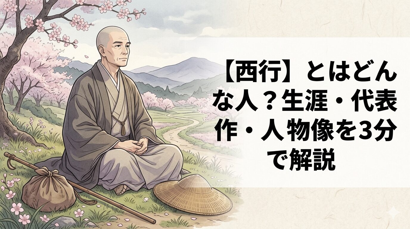 西行の代表歌に通じる、桜や月や旅の景色の奥に無常と孤独が静かににじむ歌人のイメージ。