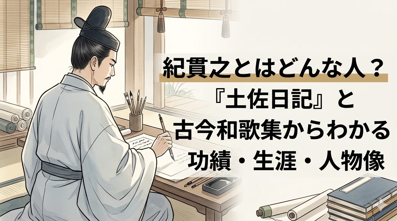 紀貫之の代表歌と『土佐日記』『古今和歌集』に通じる、感情を整えたことばとかな文学の美しさがにじむ平安時代の歌人のイメージ。