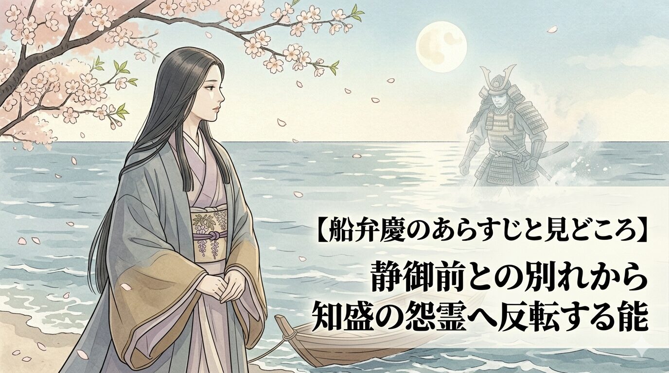 船出の別れと海上に現れる知盛の怨霊という、船弁慶の大きな反転が一枚で伝わる上質な和風イラスト