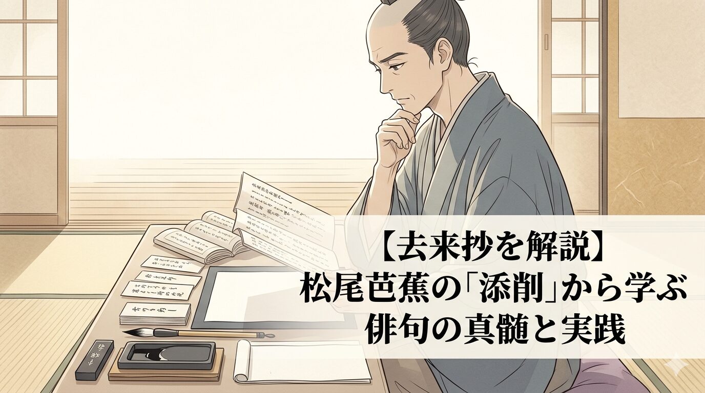 『去来抄』の、芭蕉の添削から俳諧の真髄を学ぶ実践的な世界を表した情景