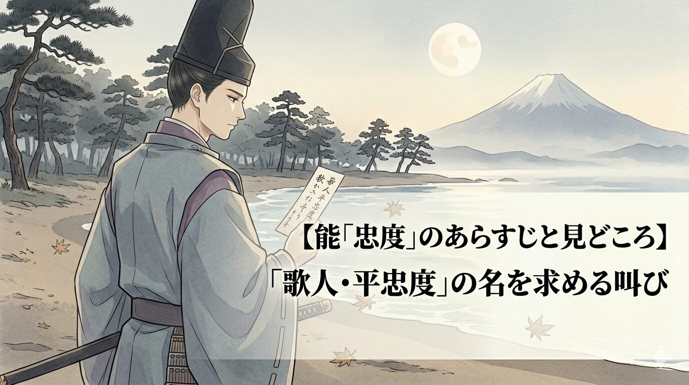 須磨の海辺に立つ平忠度の霊が、武将であると同時に歌人として名を残したい思いを抱える能「忠度」の世界を表した上質な和風イラスト