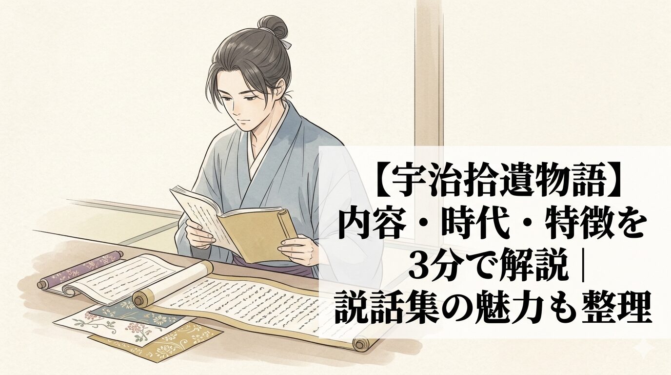 宇治拾遺物語の名場面に通じる、見栄や失敗や機転まで含めた人間くささがにじむ中世説話集のイメージ。