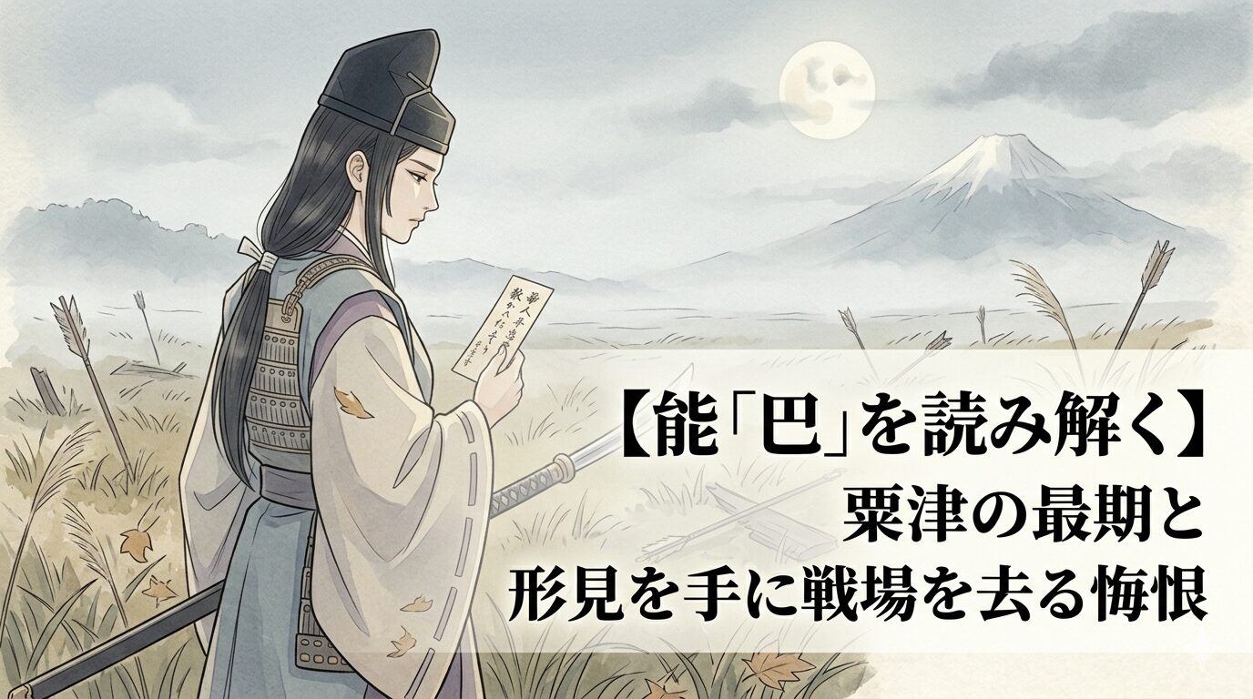 粟津の戦場を背に、巴御前が義仲を思いながら形見を抱えて去る悔恨を表した、能「巴」の世界観が伝わる上質な和風イラスト