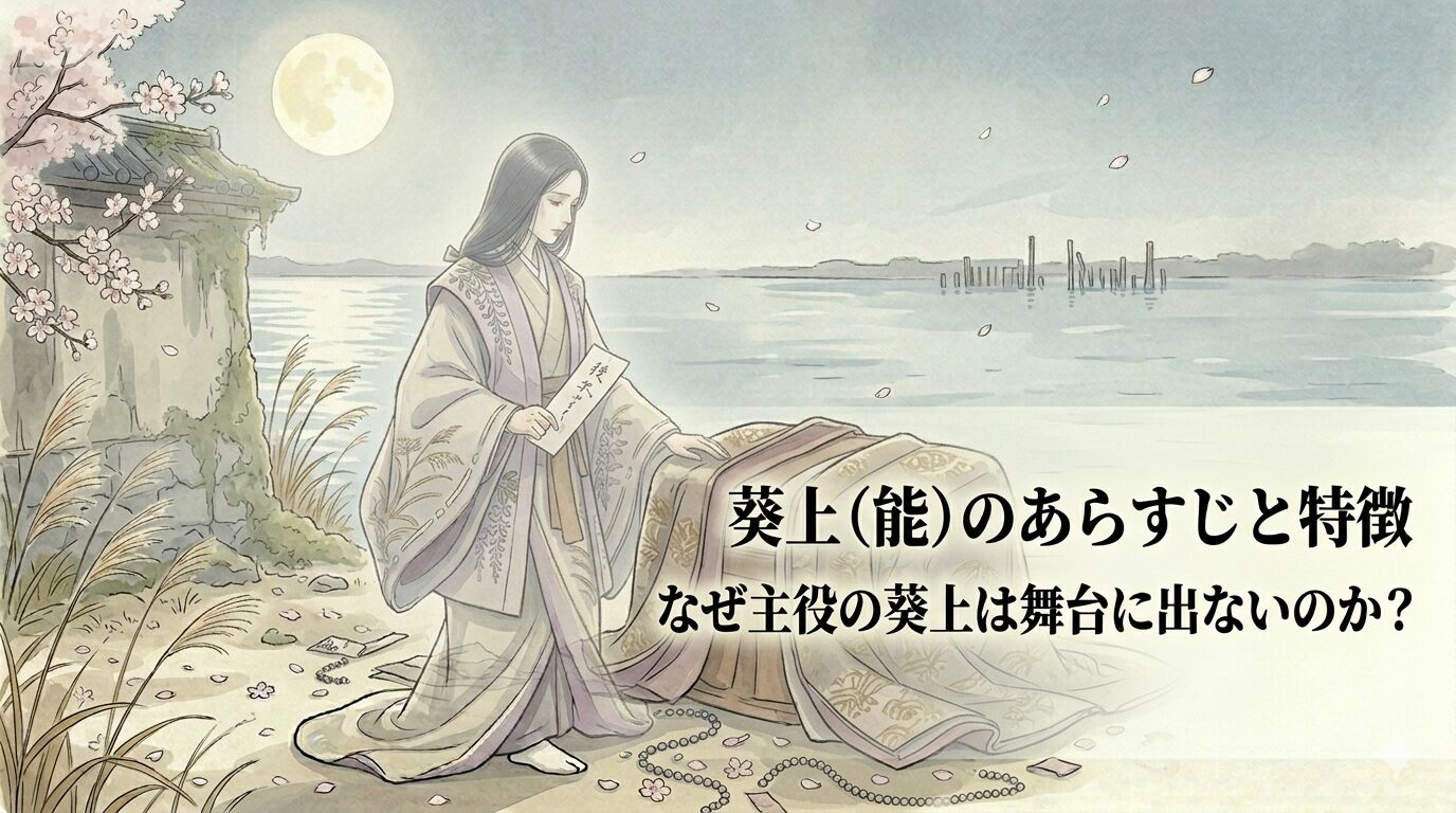 舞台に姿を見せない葵上の病床と、六条御息所の執念が見えない圧力として迫る能「葵上」の不気味な構造を表した上質な和風イラスト