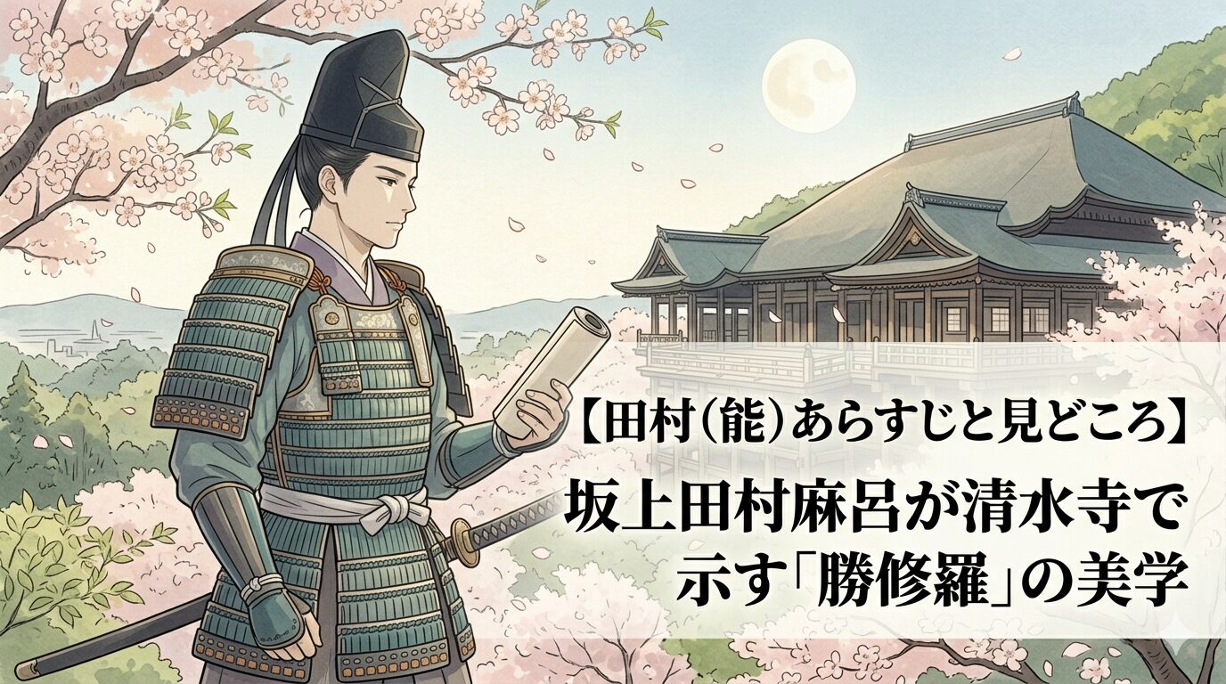 春の清水寺を背に坂上田村麻呂の霊が現れ、観音の加護を受けて勝利する能「田村」の明るい修羅能の美学を表した上質な和風イラスト