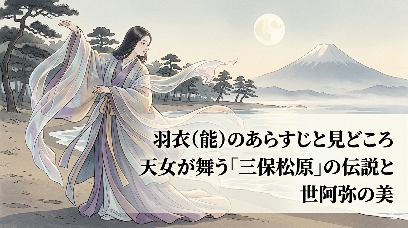 三保松原の海辺で天女が舞う羽衣の世界と、景色と舞の美しさが中心にある能の魅力を表した上質な和風イラスト