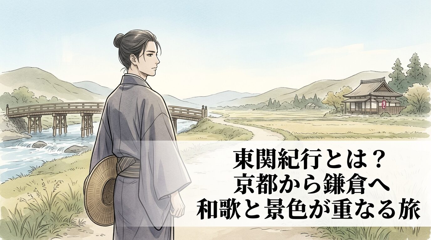 『東関紀行』の、都を離れて東へ向かう寂しさと和歌が重なる旅を表した情景