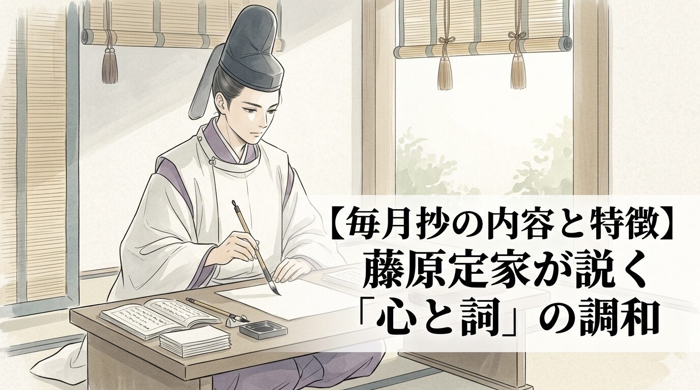 『毎月抄』の、心と詞を調和させて品のある和歌へ導く教えを表した情景