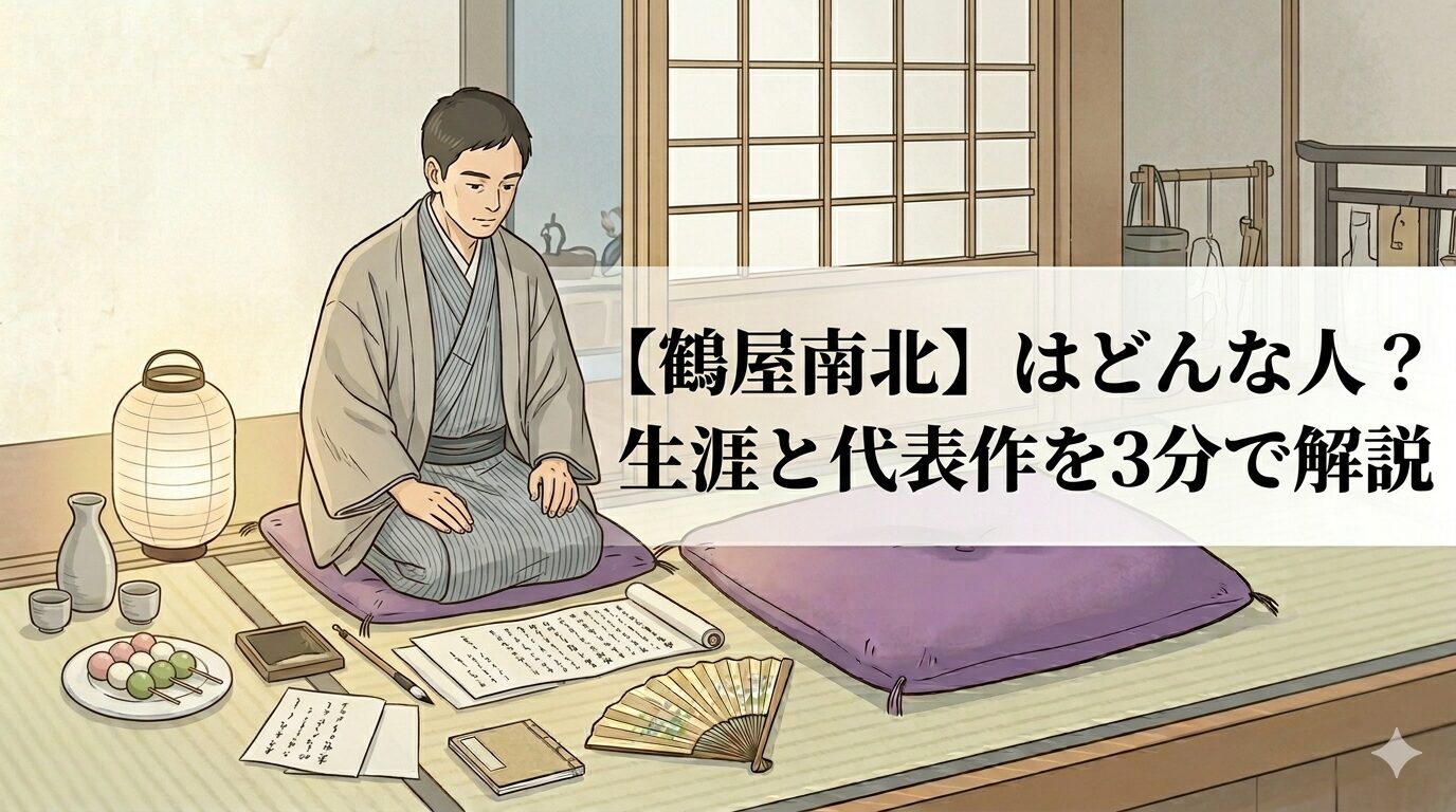 鶴屋南北の、人間の欲と執念を舞台の迫力へ変える劇作家像を表した情景