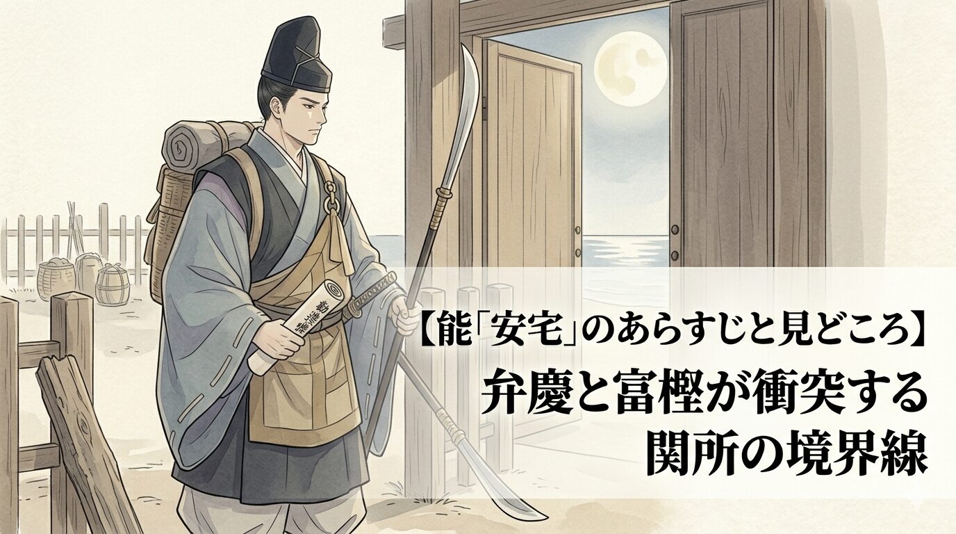 安宅の関で弁慶と富樫が静かに対峙し、忠義と情けがぶつかる能「安宅」の緊張感を表した上質な和風イラスト