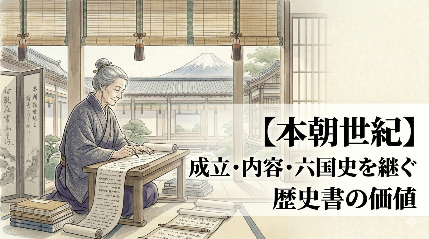 『本朝世紀』の、平安後期の朝廷政治を日々の記録から見つめる歴史書の世界を表した情景