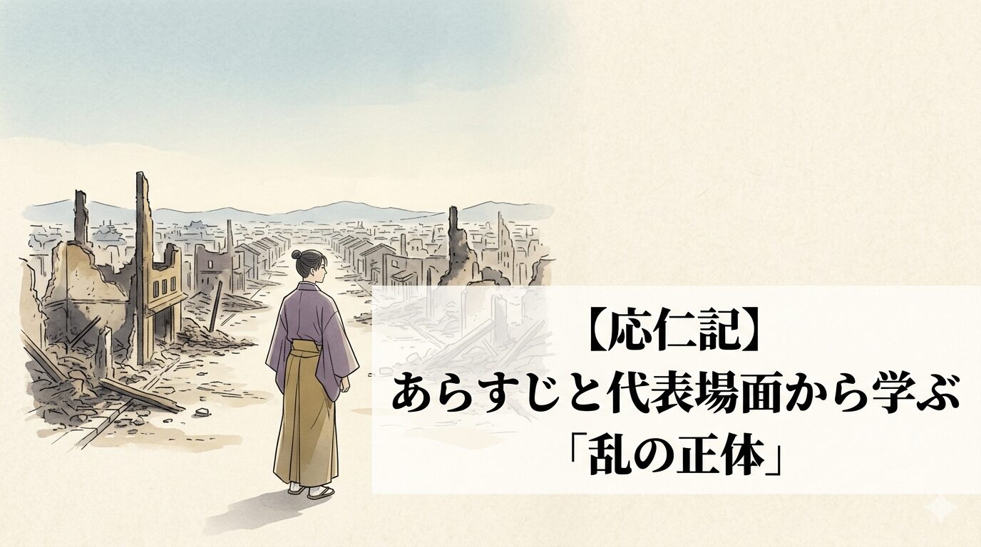 応仁記に通じる、細川勝元と山名宗全の対立が都の崩壊へ広がっていく乱世の緊張を表した軍記物のイメージ。