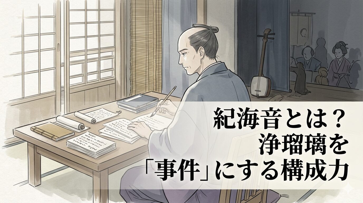 紀海音の浄瑠璃に通じる、恋や義理が事件として組み立てられ、人物関係の緊張が舞台に立ち上がる江戸中期の劇作家のイメージ。