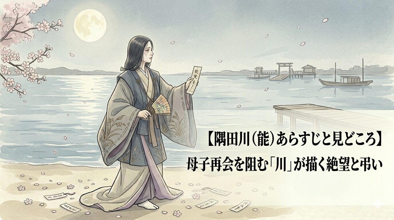 隅田川を前に子を探し続ける母の姿と、再会を阻む川の境界が重なることで、隅田川の絶望と弔いの核心を表した上質な和風イラスト