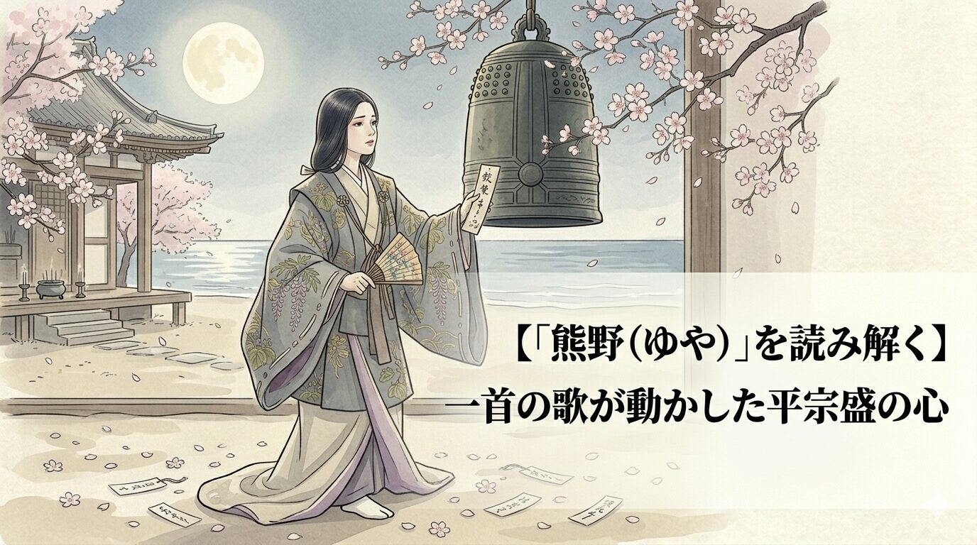 清水寺の花見の華やかさの中で、熊野御前の一首が平宗盛の心を動かす能「熊野」の上品で切実な世界を表した和風イラスト