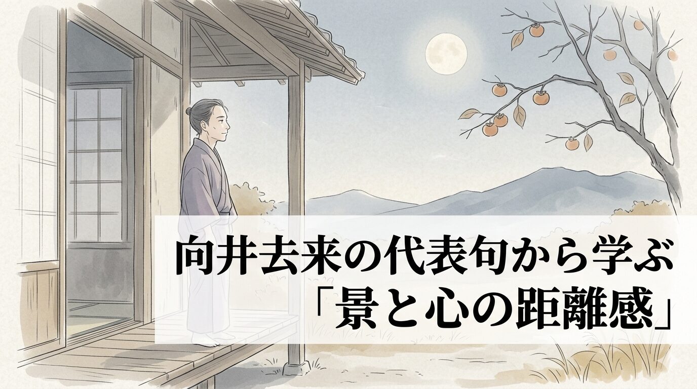 向井去来の代表句に通じる、月や鴨や山あいの静かな景色の中で心が整う俳諧の世界を表したイメージ。