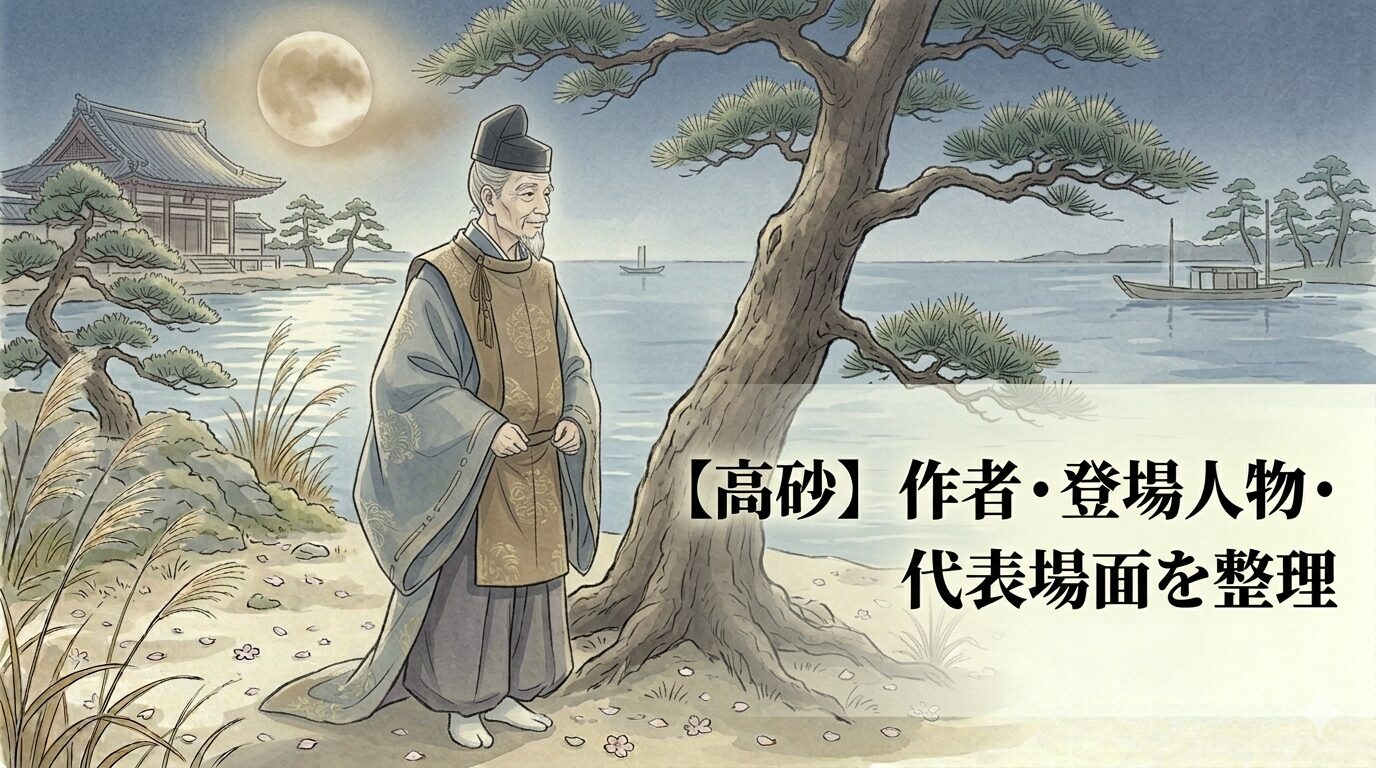 高砂と住吉の相生の松、老夫婦、住吉明神の祝福がひとつにつながることで、高砂の祝言能としての世界を表した上質な和風イラスト