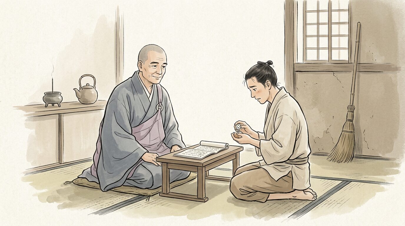 沙石集の冒頭で物語好きの僧が説話を語り始める場面のイメージ