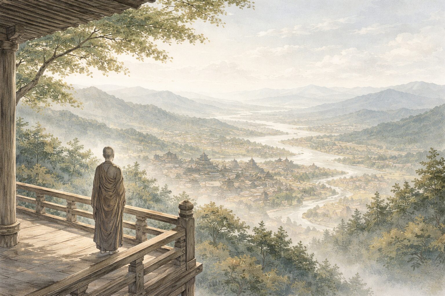 今昔物語集が天竺・震旦・本朝へ広がりながら、仏教世界と人間社会の広さを見せる説話集であることを表した情景