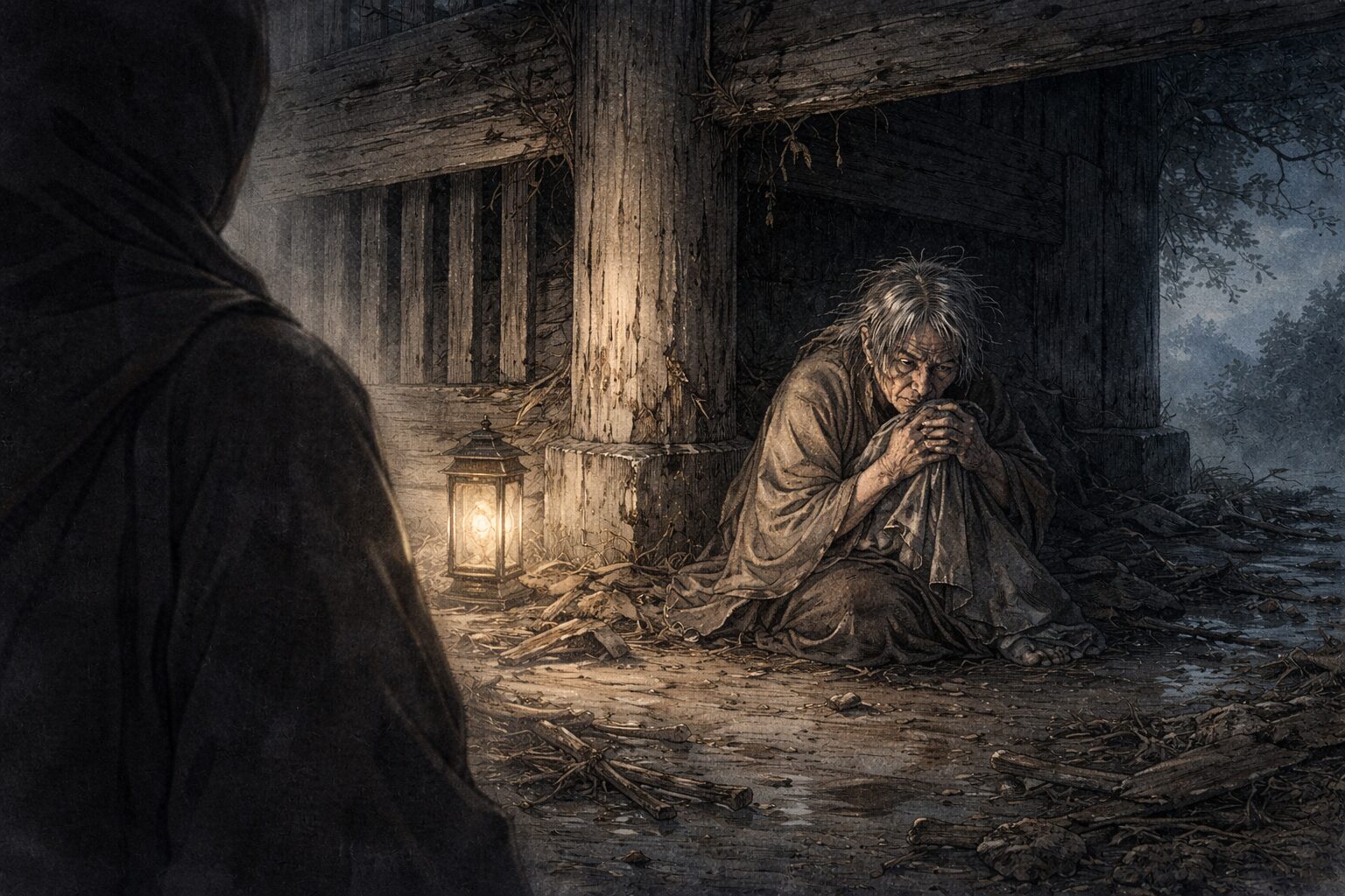 羅城門の老婆の話に象徴される、今昔物語集が追い詰められた人間の正当化や欲を鋭く描くことを表した情景