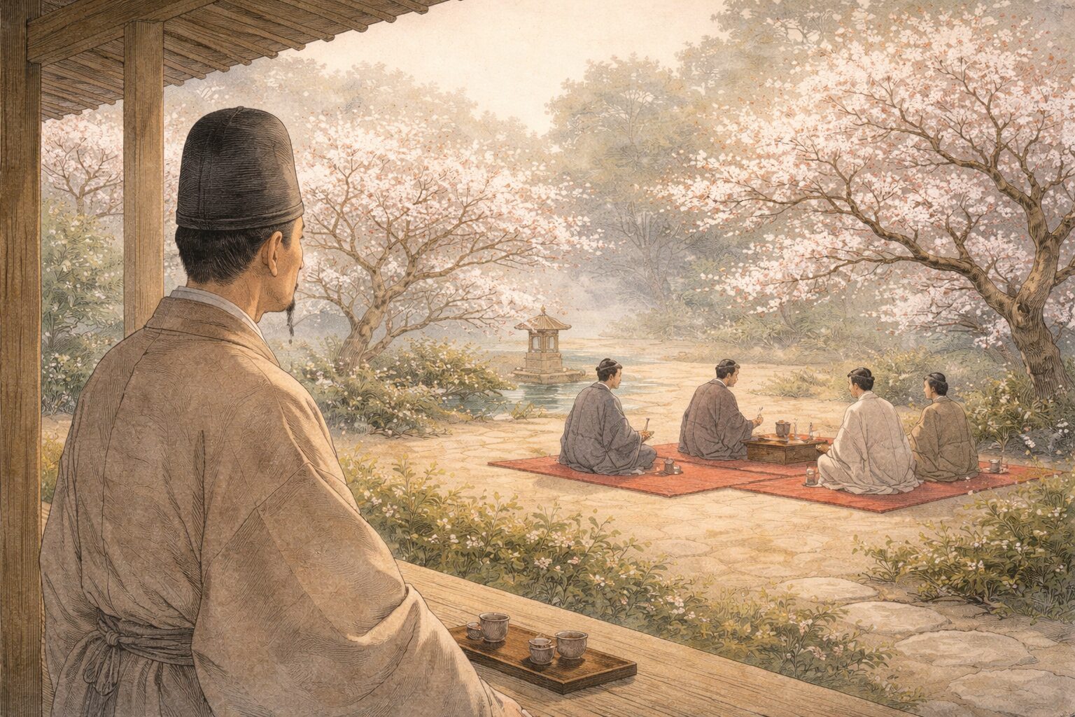 梅の咲く庭に人を招き、ともに過ごす場の豊かさを大切にした大伴旅人の世界を表した情景