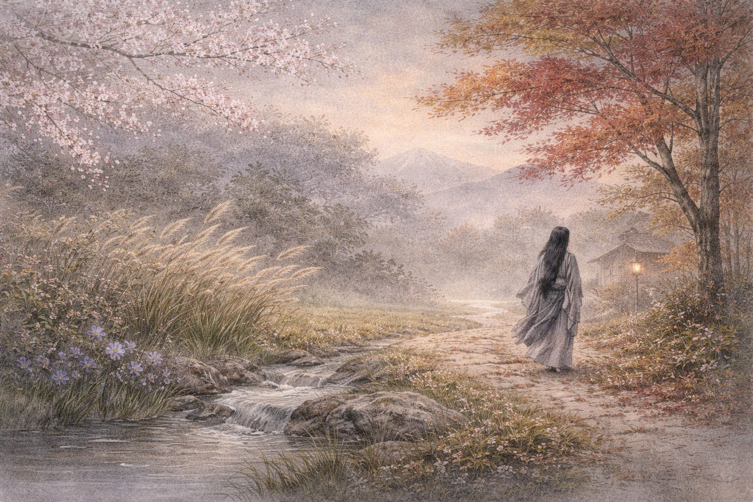 四季歌から恋歌へ進むにつれて人の感情の重心が前へ移り、整った巻立ての中に私的感情が濃くなる後拾遺和歌集の全体像を表した情景