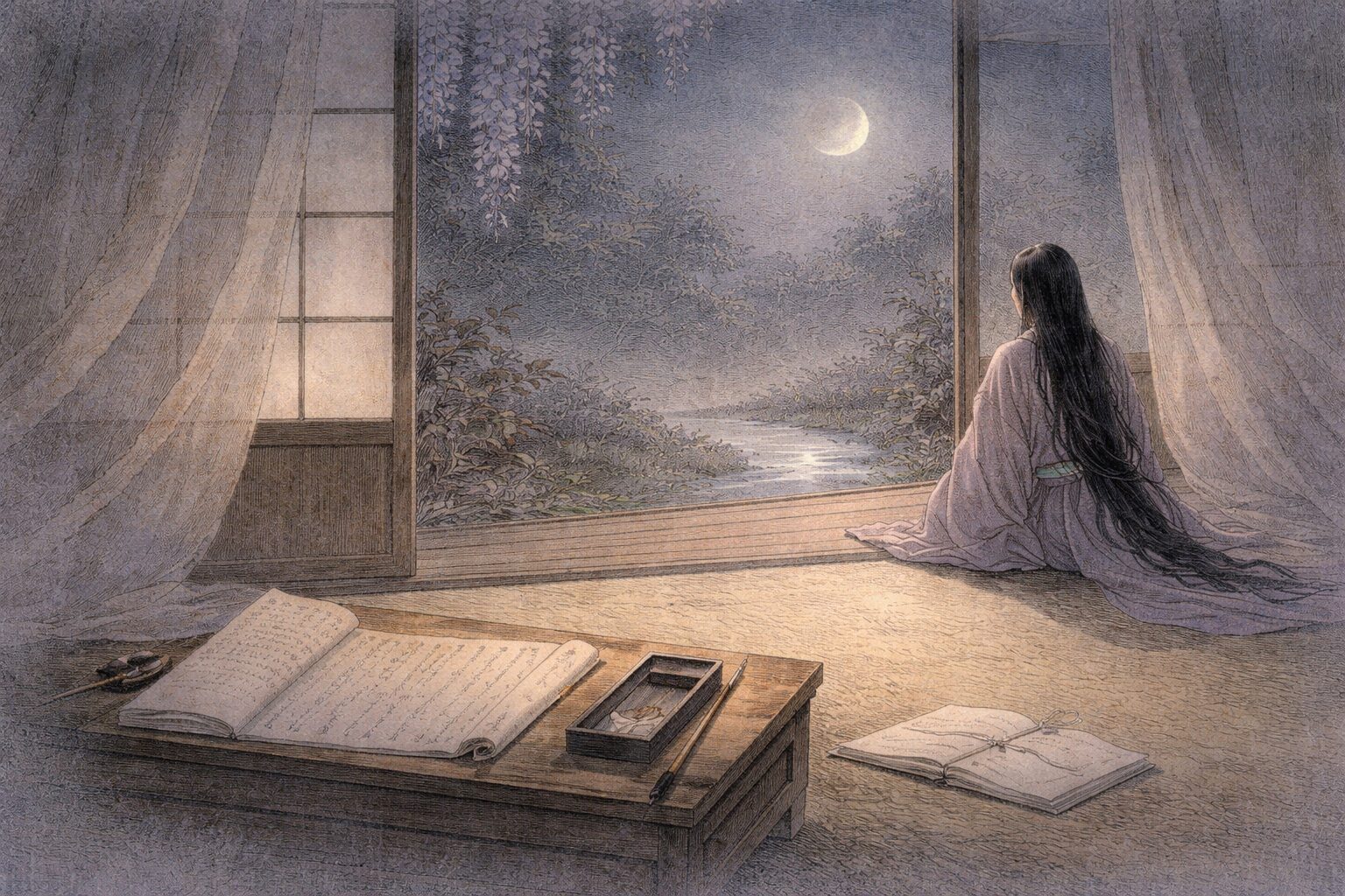 会えない夜や返事を待つ時間の長さのような、宮廷の日常にある私的感情がそのまま和歌になって残る後拾遺和歌集の特徴を象徴した情景